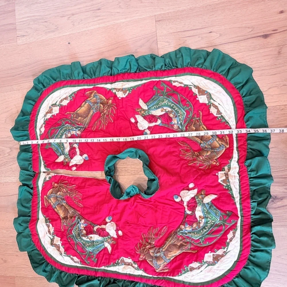 Vintage Christmas Tree Skirt Square 36x34 Santa & Reindeer Ruffles Red Green